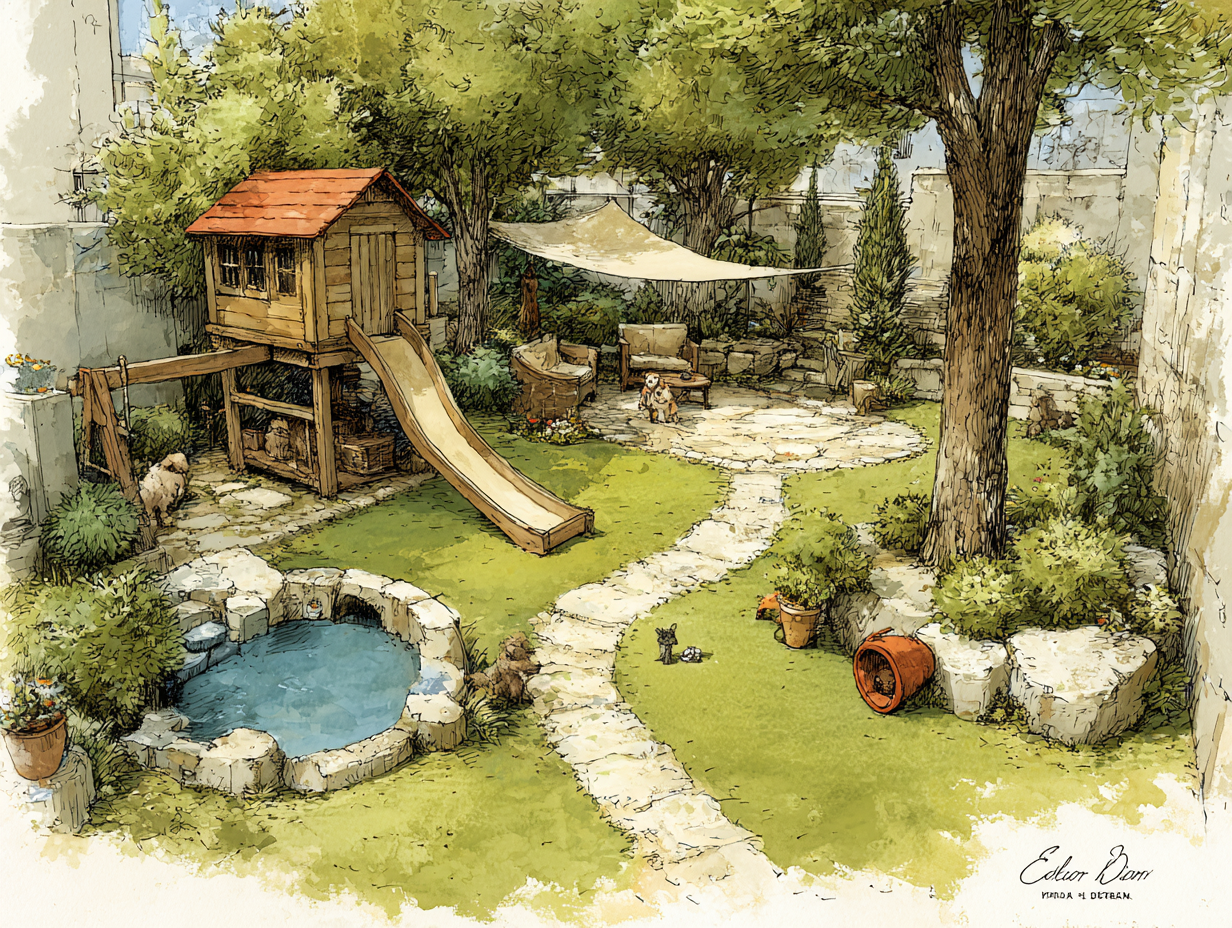 Construindo uma área de recreação externa para crianças e pets.